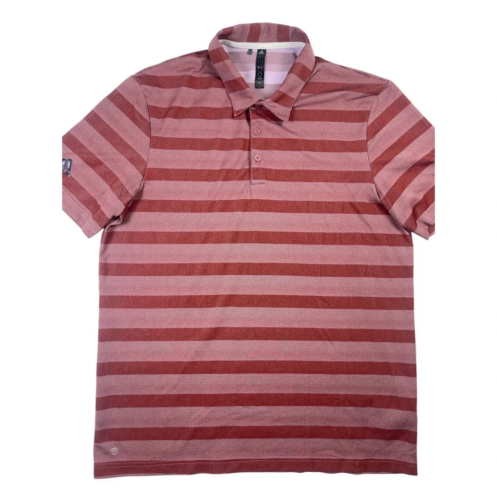 Adidas Polo Shirt Men's Large Red‎ Striped Logo Short Sleeve Performance Golf